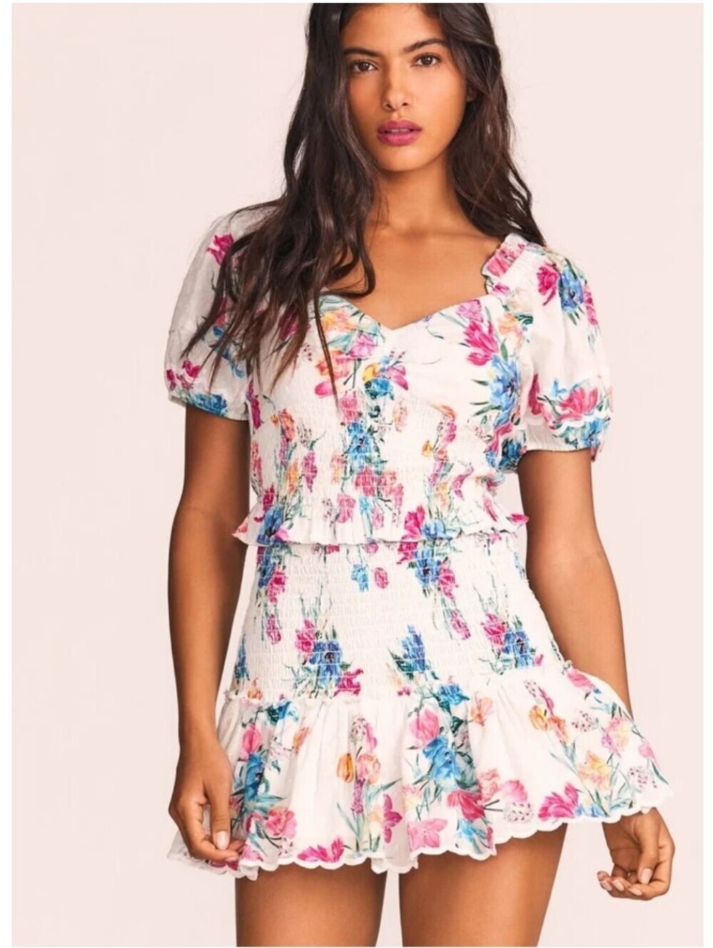 LoveShackFancy Jarrah Floral Embroidered Smocked Puff Sleeve Mini Dress M